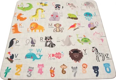A children's play mat with alphabet and animal illustrations.