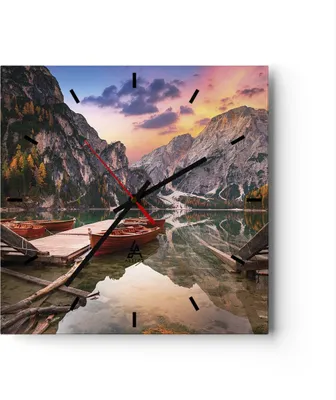Produktbild von Wanduhr - Quadrat - Glasuhr - Boote Berge See - 40x40cm - Schleichendes Uhrwerk - Lautlos - zum Aufhängen bereit - Dekoration Modern - Wanddekoration aus Glas - C3AC40x40-4638
