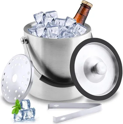 Productafbeelding van Unyqoos® ijsbak van roestvrij staal, 1,6 liter – dubbelwandige, geïsoleerde ijsbak met een afsluitbare siliconen deksel, ijslepel en zeef. Houdt ijs tot 48 uur.