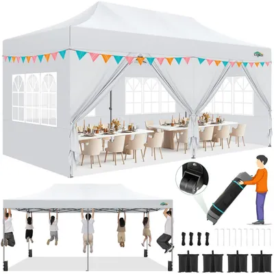 Image de Pavillon de jardin 3x6 mètres, imperméable, avec protection UV, 6 parois latérales, blanc, et hauteur réglable