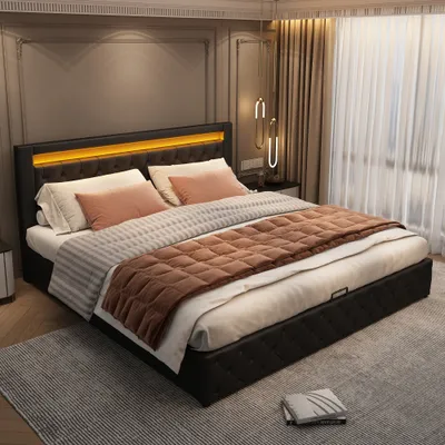Produktbild von okwish Polsterbett 180 x 200 cm, Funktionsbett mit Lattenrost und Stauraum, mit LED-Beleuchtung, Schwarz, PU