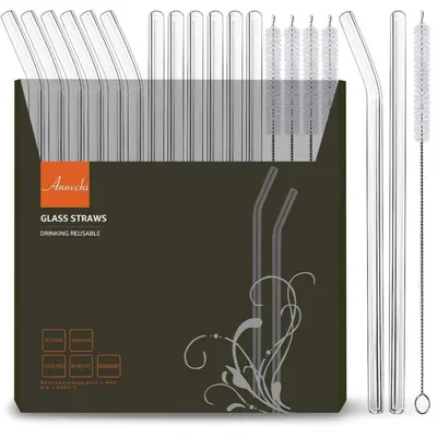 Produktbild von Glasstrohhalme Wiederverwendbar 16 Stück - 6 Gerade, 6 Gebogen, 21,5 cm, 4 Reinigungsbürsten, Borosilikatglas