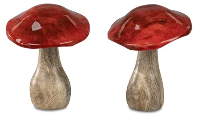 Produktbild von 2er Set Deko Pilze HERBSTFARBEN H. 16,5cm rot natur Mango Holz Formano H25