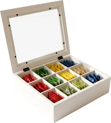 Zdjęcie produktu dla Pudełko na herbatę z okienkiem - bambusowe - 12 przegródek - 9x28x23 cm - białe