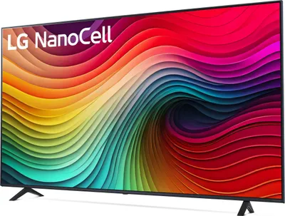A television screen displaying a colorful abstract pattern with the LG NanoCell logo.