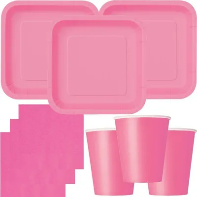 Produktbild von Party Deko Set pink Einweggeschirr für 14 Personen eckige Teller, Becher, Servietten Hochzeit Geburtstag