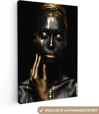 Produktbild von MuchoWow® - Leinwandbilder - Frau - Abstrakt - Schwarz - Gold - Porträt, Wandbild, Wanddeko Bilder Wohnzimmer, 20x30 cm