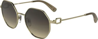 Zdjęcie produktu dla Okulary przeciwsłoneczne damskie Longchamp LO179S N w kolorze złotym i brązowym z gradientem, rozmiar 52/20/140
