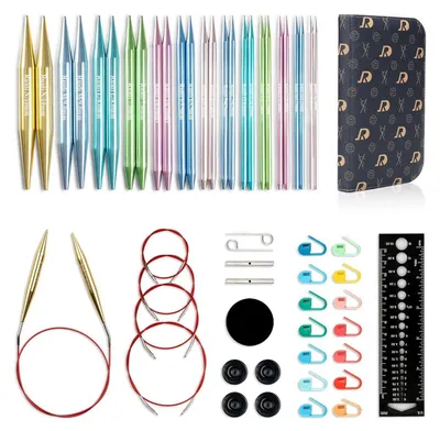 Immagine prodotto di Set di aghi circolari intercambiabili, 13 paia, da 2,75 a 10 mm, in alluminio, con punte da 10 cm, 4 cavi e custodia con accessori