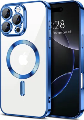 Obrázek produktu pro Magnetické čiré pouzdro pro iPhone 16 Pro, kompatibilní s MagSafe, galvanicky pokovené ochranné pouzdro s ochranou fotoaparátu Modrý