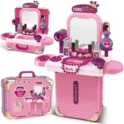 Image de Coiffeuse 3 en 1 pour filles, coiffeuse pour enfants, coiffeuse princesse, salon de beauté, kit de maquillage et de coiffure pour enfants à partir de 3 ans (rose)