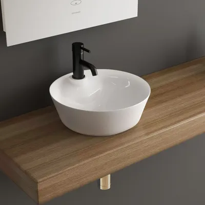 Produktbild von Alpenberger Aufsatz Design Waschbecken | Schalenbecken aus Keramik Konisch | Rundes Handwaschbecken | Aufsetzbare Keramikschale Klein | Aufsatzwaschbecken für Bad & Gäste WC mit Lotuseffekt