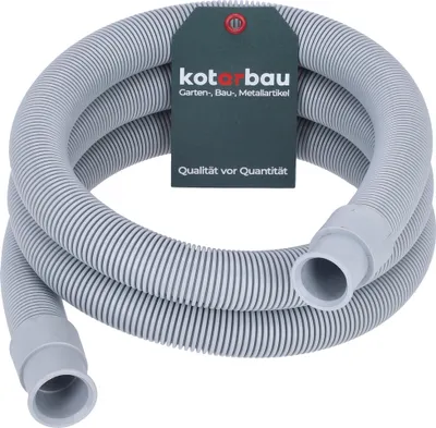 A coiled gray corrugated hose with white stripes, with a dark gray tag attached.