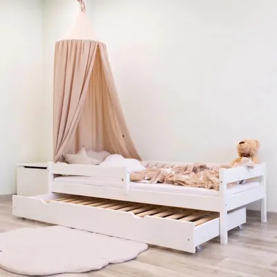 Produktbild von MEBLE WRÓBEL Kinderbett 90x180 cm mit Auszugbett, Rausfallschutz & Lattenrost - Kinder Bett Montessori - Jugendbet aus Kiefer Massivholz in Weiß - Einzelbett ohne Matratze