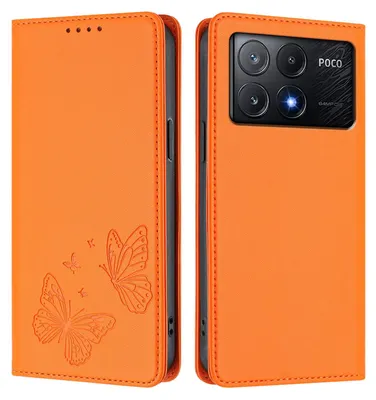 Obrázek produktu pro Kožené pouzdro pro Xiaomi Poco X6 Pro, motýlí ražbou, peněženkové flip pouzdro se stojánkem Oranžová
