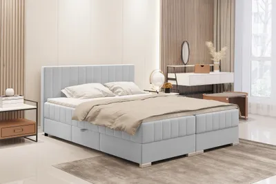 Produktbild von MEBLINI Boxspringbett mit Bettkasten - Gepolstert Doppelbett mit Matratze und Topper - Polsterbett mit Stauraum - Bett mit Kopfteil - Stauraumbett - PIAF - 180x200 - H3B/Hellgrau Samt