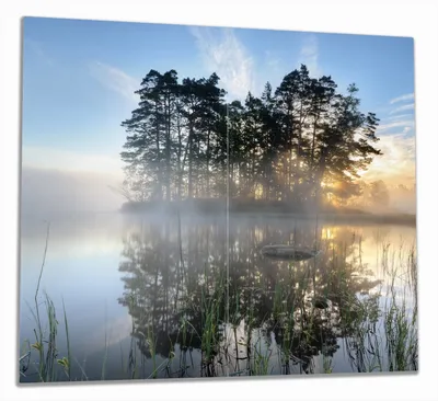 Produktbild von Wallario Herdabdeckplatte aus Glas, Größe 60 x 52 cm 2-teilig, Motiv Stiller See mit Insel im Morgennebel