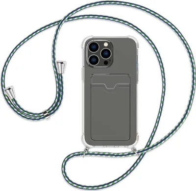 Produktbild von Handykette Backcover-Schutzhülle mit Band (Metall silberfarben) für Apple iPhone 14 Pro Max (6.7'') - grün/blau/weiß