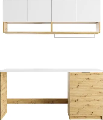 Produktbild von Waschküchenmöbel für Waschmaschine mit Arbeitsplatte - 182 cm - Weiß & Holzfarben hell - NATAJI
