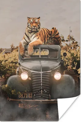 Produktbild von MuchoWow® Poster Tiger - Auto - Oldtimer 40x60 cm - Plakate für die Wand - Poster Babyzimmer