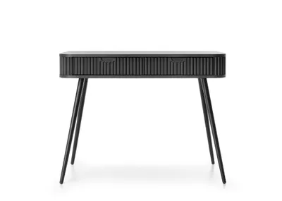 A black console table with two drawers and black legs, presented on a white background.