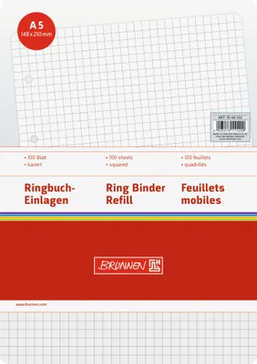 Image de 5X BRUNNEN 1066332 Ringbucheinlagen, A5, kariert, weiß, 100 Blatt