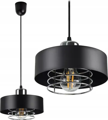 Two views of a black pendant light with a chrome cage around the bulb.