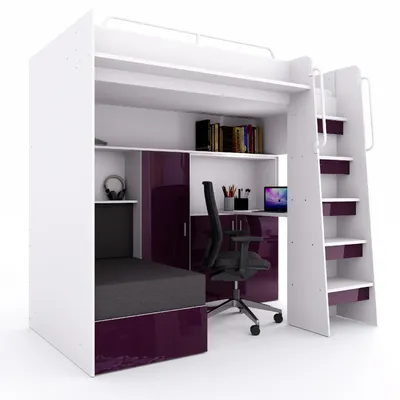 Produktbild von Marlux-Meble Hochbett JSM-7 90x200 TREPPE RECHTS mit Schreibtisch Schränke und Ausklappbares Sofa 70x180 Hochglanz Funktionsbett Etagenbett Stockbett Kinderhochbett Jugendhochbett (Violett Glanz)