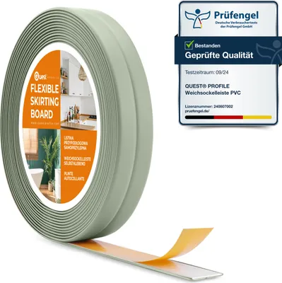 A roll of flexible skirting board with adhesive backing is shown, partially unrolled, with a certification badge to the right.