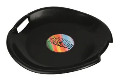 A black plastic sled with a colorful oval logo in the center.