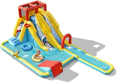Produktbild von GOPLUS 7 in 1 Aufblasbare Hüpfburg, mit Rutsche, Kletterwand, Wasserbecken, Wasserpistole & Basketballkorb, Aufblasbare Wasserpark mit Tragetasche (Ohne Gebläse)