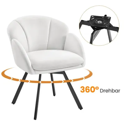 A white swivel chair with black legs, shown with a diagram of its swivel mechanism and a 360-degree rotation graphic.