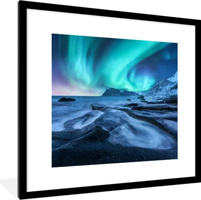 Produktbild von MuchoWow® MuchoWow® Gerahmtes Poster Nordlichter - Schnee - Berg - Norwegen 40x40 cm - Poster mit zchwarzem Bilderrahmen - Poster - Plakat im Rahmen