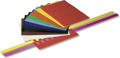 A fanned-out stack of colorful paper sheets, with some strips of paper extending to the right.