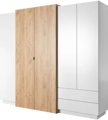 Produktbild von Kleiderschrank 3D 230 cm Drehtürenschrank mit Schubladen A weiß matt / eiche gold