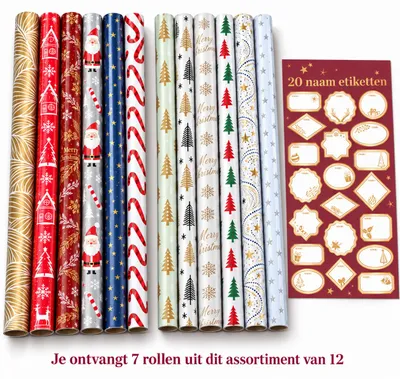 Productafbeelding van Präsenta - Kerstcadeaupapier – 7 rollen assorti uit 12 dessins – 70 cm × 2 m – inclusief 20 naametiketten
