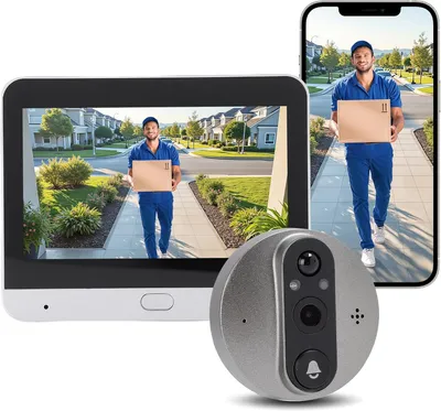 Image de Sonnette sans fil avec caméra et écran de 4,3 pouces, vidéo HD 1080p, vision nocturne, communication bidirectionnelle, compatible avec l'application Tuya, ne nécessite pas de Wi-Fi, installation facile