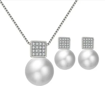 Produktbild von 1 Set Damen Halskette Ohrring Set Kunstperle Glänzender Strass Hals Ohr Dekoration Schmuck Exquisite Anti-Rost Damen Schmuck Set