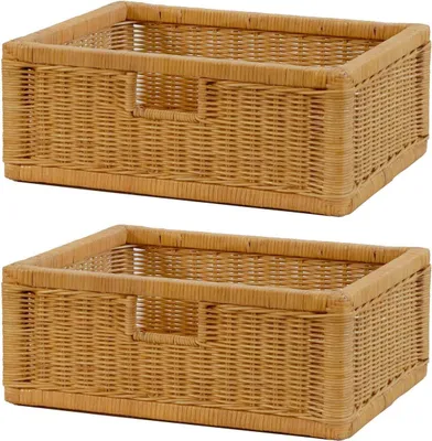 Zdjęcie produktu dla KRINES HOME Solidny zestaw 2 koszy półkowych z drewnianą ramą wykonaną z prawdziwego rattanu / szuflady z uchwytem 43x32x17cm Kosz półkowy na półki