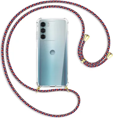 Produktbild von Handykette Backcover-Schutzhülle mit Band (Metall goldfarben) für Motorola Moto G200 5G - silber/blau/rot