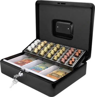 Produktbild von ACROPAQ Geldkassette abschließbar - Kasse mit Münzzählbrett, Groß 24 x 30 x 9 cm - Abschließbare Box, Geldkasse, Geldkoffer geeignet für Geldaufbewahrung - Schwarz - 10005K