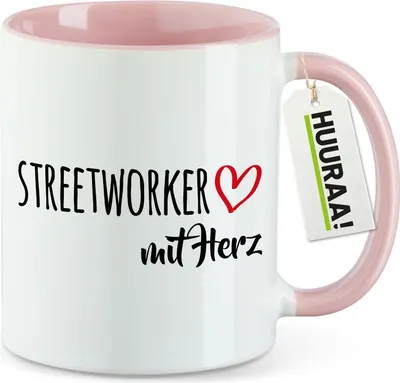 Produktbild von Huuraa Kaffeetasse Streetworker mit Herz 330ml Rosa Keramik Kaffeebecher Geschenkidee
