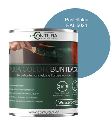Produktbild von Contura 750ml. Buntlack Lackfarbe Lack Außen Innen Holz Metall Farbe Holzlack Möbellack - Seidenmatt - RAL 5024 Pastellblau