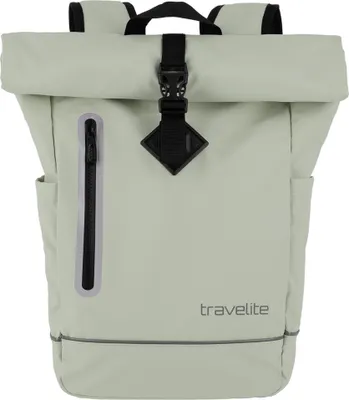 A light green roll-top backpack is shown against a white background.