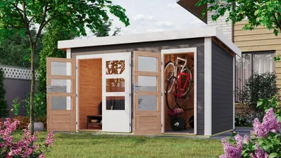 Produktbild von Karibu Gartenhaus Gerätehaus 2-Raum-Haus Schönbuch 1 terragrau 366x246x227 cm