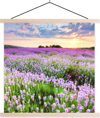Produktbild von MuchoWow® Textilposter Blumen - Lavendel - Lila - Himmel - Sonnenuntergang - Wiese - Natur 120x120 cm mit holzfarbenen Rahmen - Textil-Poster