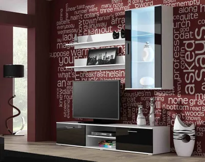 Produktbild von Furniture24 Wohnwand SOHO 5 mit Blauer LED Beleuchtung, Anbauwand, Wohnzimmerschrank, Schrankwand, Vitrine, Lowboard, Hängeregal Weiß/Schwarz Hochglanz