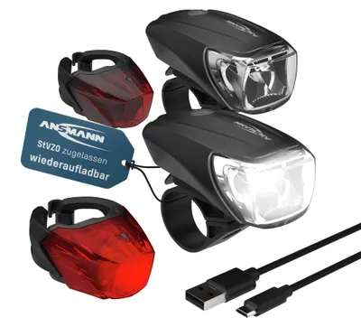 Produktbild von ANSMANN Fahrradbeleuchtung 2 Sets StVZO, aufladbar, Vorderlicht & Rücklicht