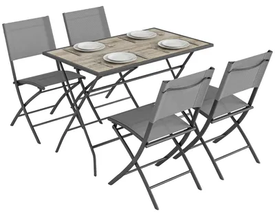 Produktbild von Gartenmöbel Set Klappbar Sitzgruppe 5-teilig Tisch mit 4 Atmungsaktiven Stühlen Holzoptik Platzsparend