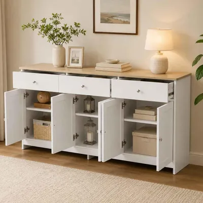 Produktbild von Sideboard 4 Türen 3 Schubladen verstellbare Regalböden Landhausstil, 160x37x75 cm weiß-holz